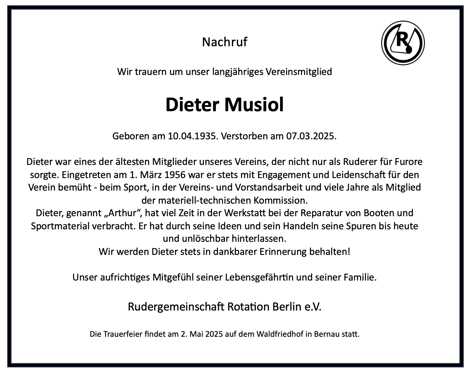 Read more about the article 07.03.2025 – Nachruf Dieter Musiol